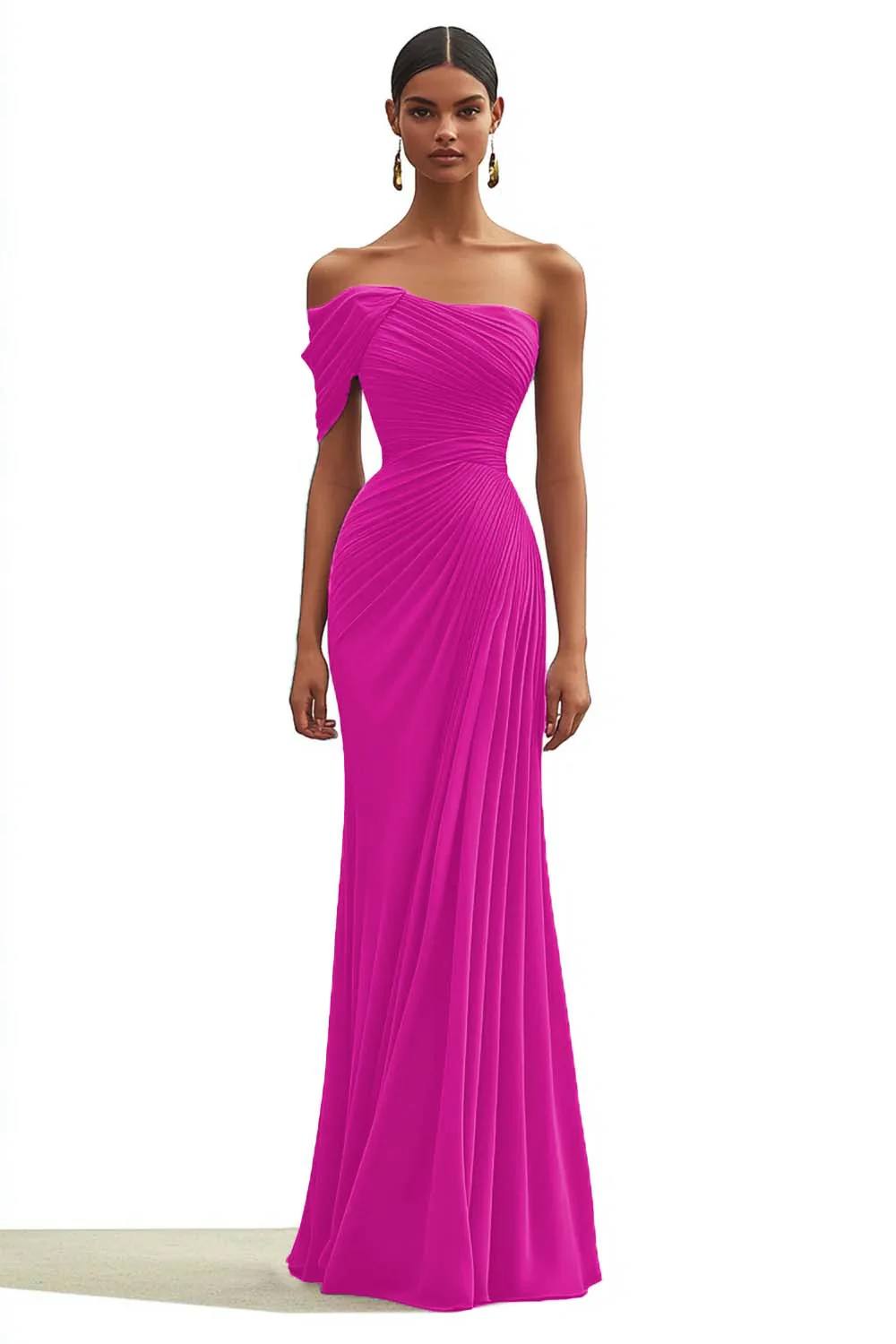 Mermaid Dark Green One Shoulder Pleated Long Formal Dress - VNBITS