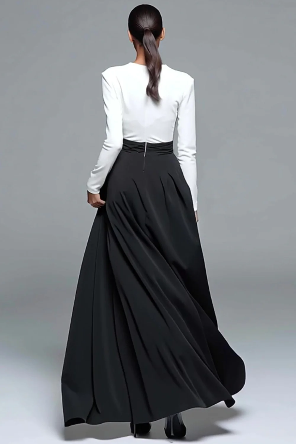 Black and White Patchwork Long Formal Dress with Pockets - VNBITS