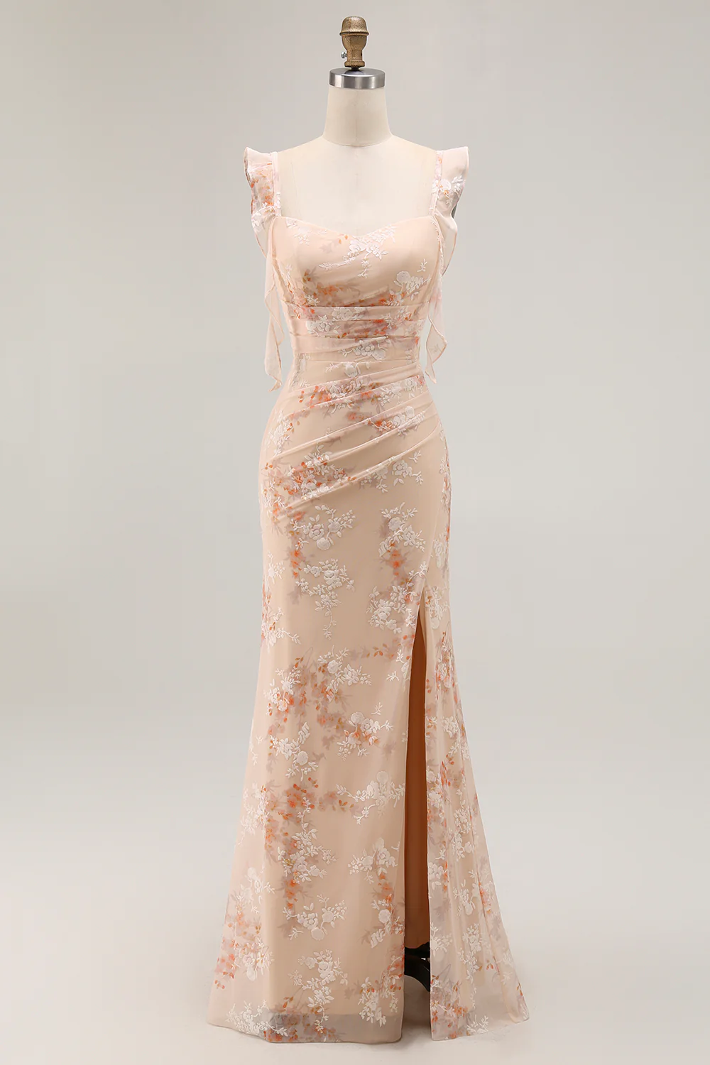 Champagne Mermaid Floral Long Bridesmaid Dress with Slit - VNBITS