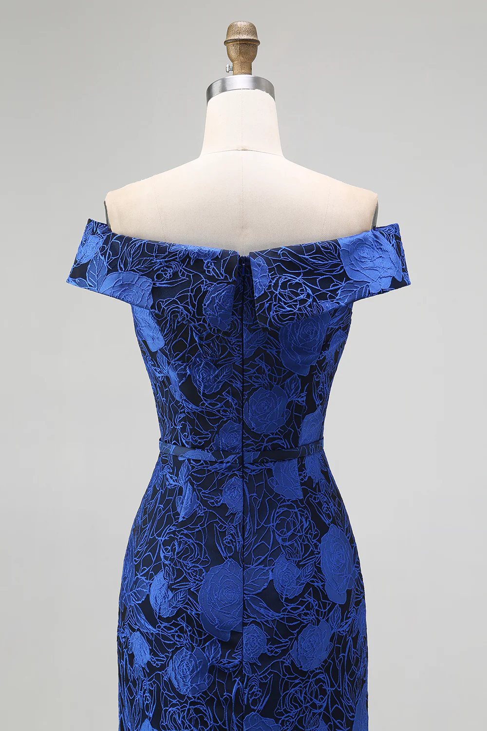 Dark Blue Floral Off the Shoulder Sheath Long Wedding Guest Dress with Slit - VNBITS