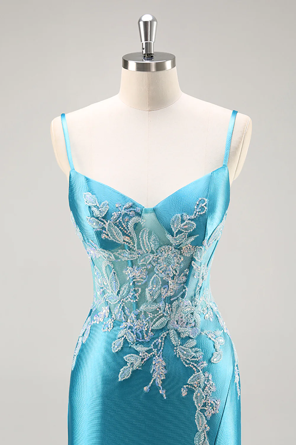 Blue Corset Appliqued Satin Mermaid Long Prom Dress with Slit - VNBITS