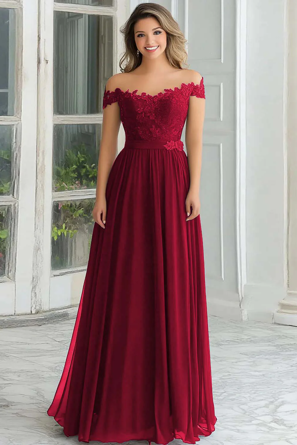 Elegant A-Line Navy Off the Shoulder Chiffon Long Mother Of the Bride Dress with Lace Appliques - VNBITS