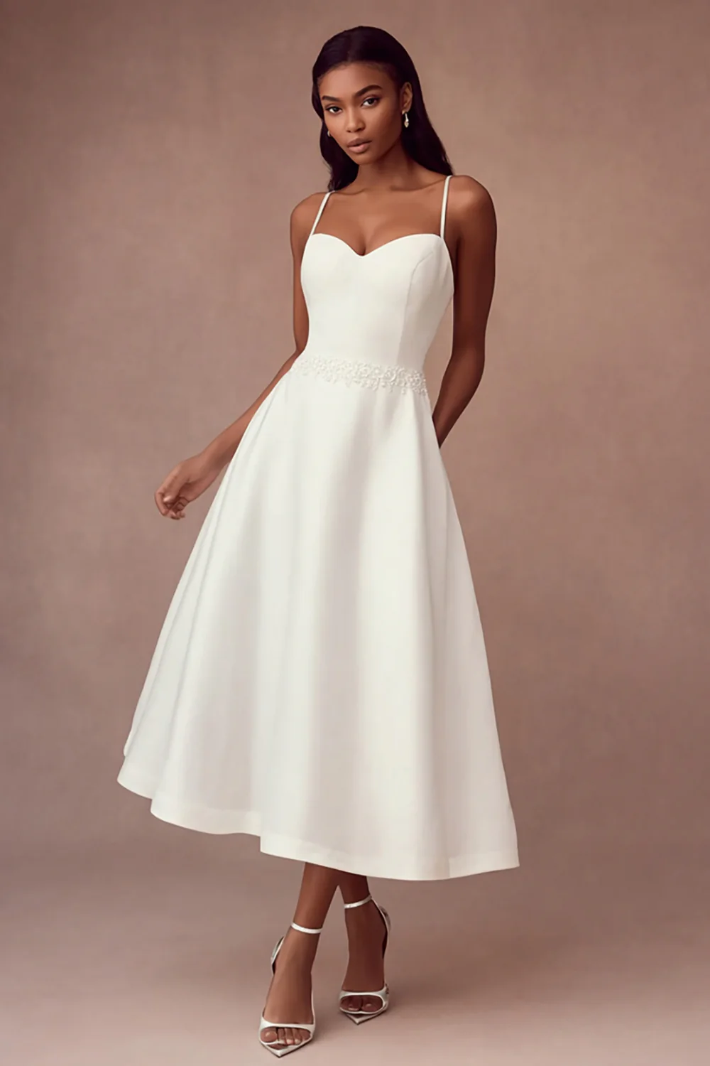 White Satin A Line Spaghetti Straps Long Wedding Reception Dress - VNBITS