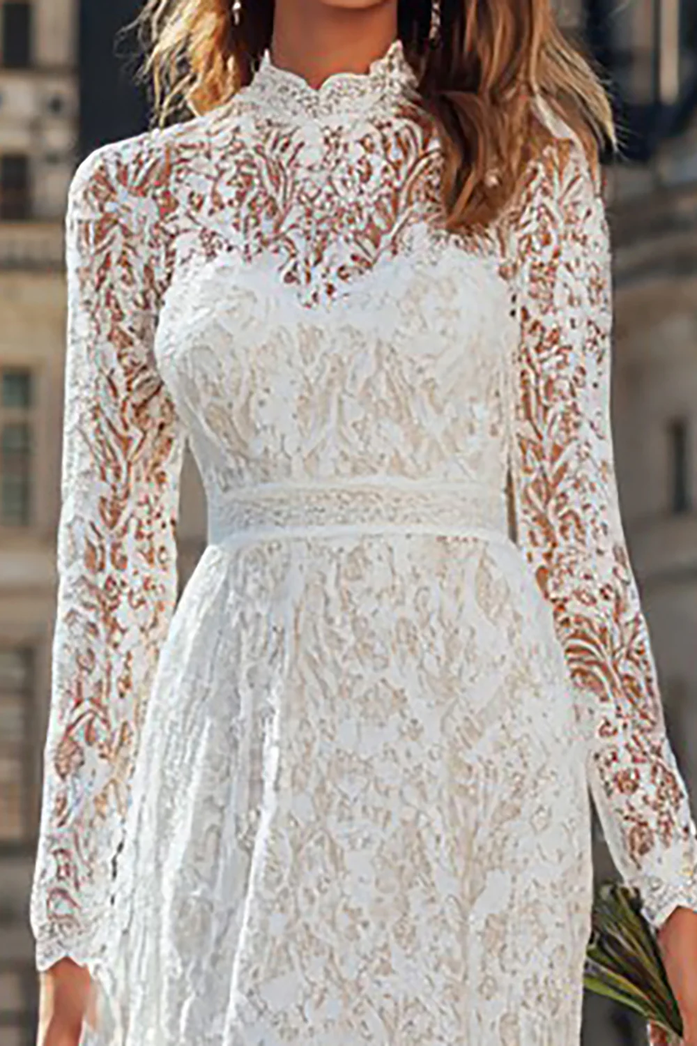 Ivory Lace High Neck Floor Length Wedding Dress with Sleeves - VNBITS