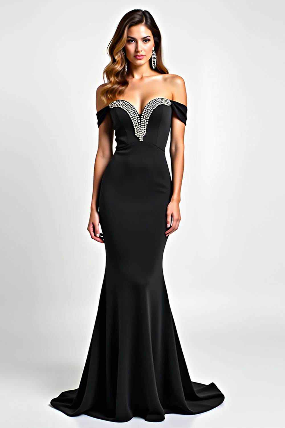 Off the Shoulder Black Mermaid Long Cut-Out Beaded Black Tie Dress - VNBITS