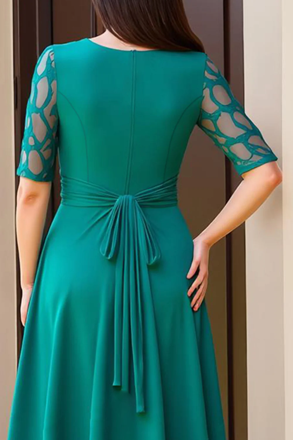 Pine Sheath Chiffon Boat Neck Long Wedding Guest Dress with Sleeves - VNBITS