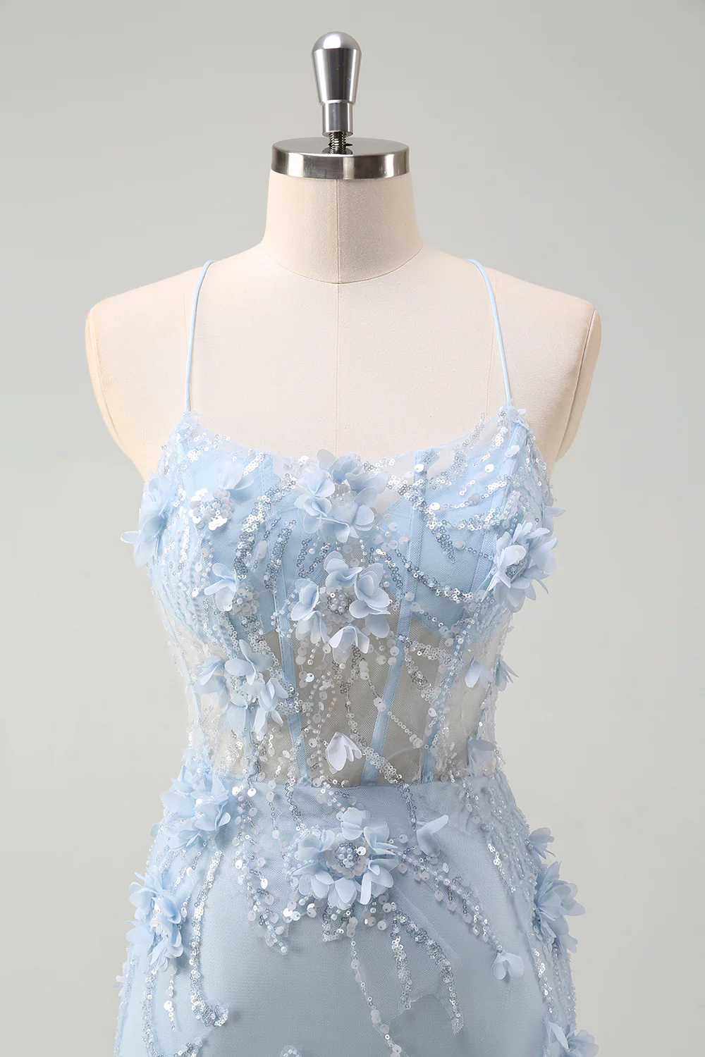 Sparkly Blue Mermaid Long Prom Dress with 3D Flowers - VNBITS