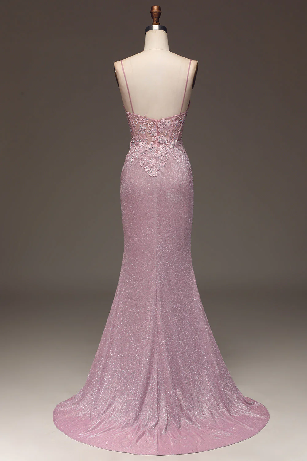 Glitter Blush Mermaid Spaghetti Straps Long Prom Dress with Beading - VNBITS
