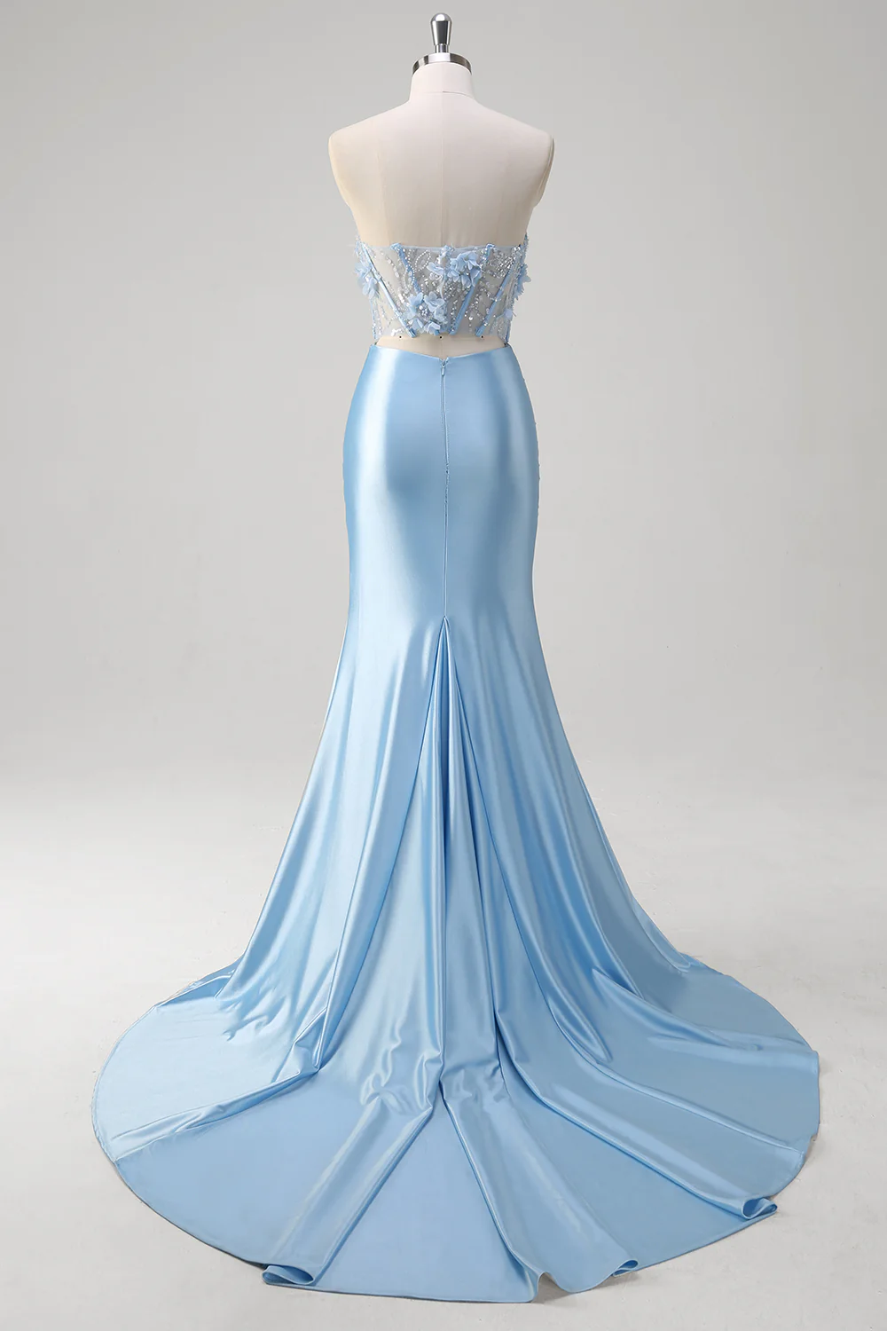 Blue Mermaid Beaded Applique Hollow Out Long Prom Dress with Slit - VNBITS