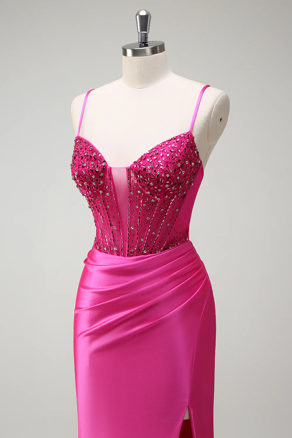 Fuchsia Spaghetti Straps Beaded Mermaid Long Prom Dress with Slit - VNBITS