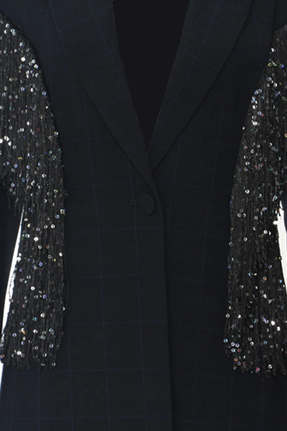 Sparkly Navy Peak Lapel Women Blazer with Fringes - VNBITS