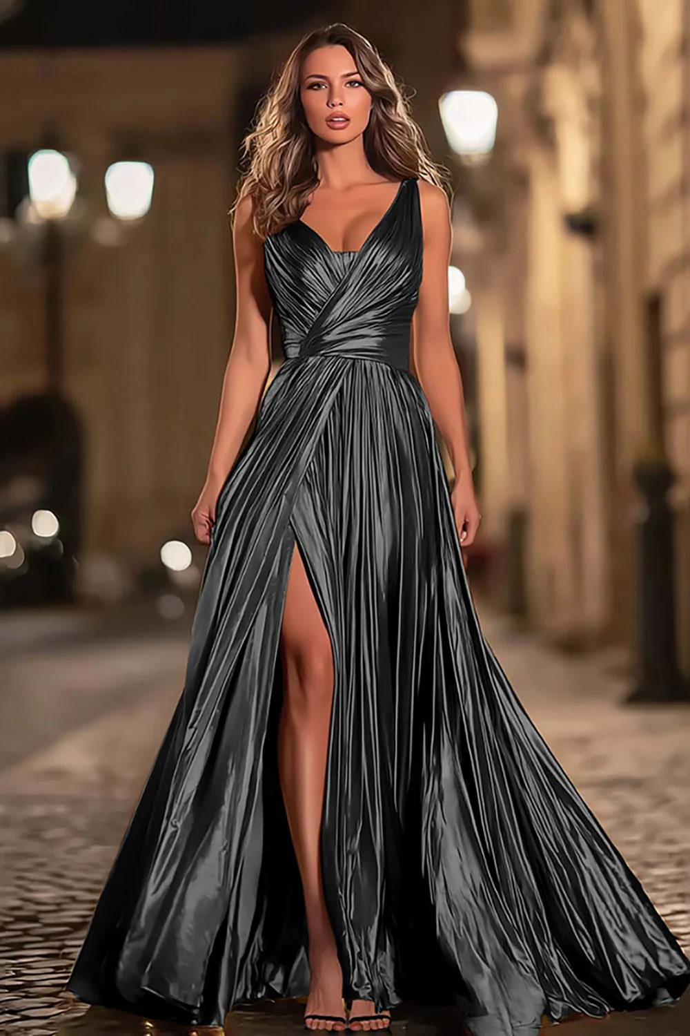 Sparkly Gold Metallic Pleated V-Neck A-Line Long Formal Dress with Slit - VNBITS