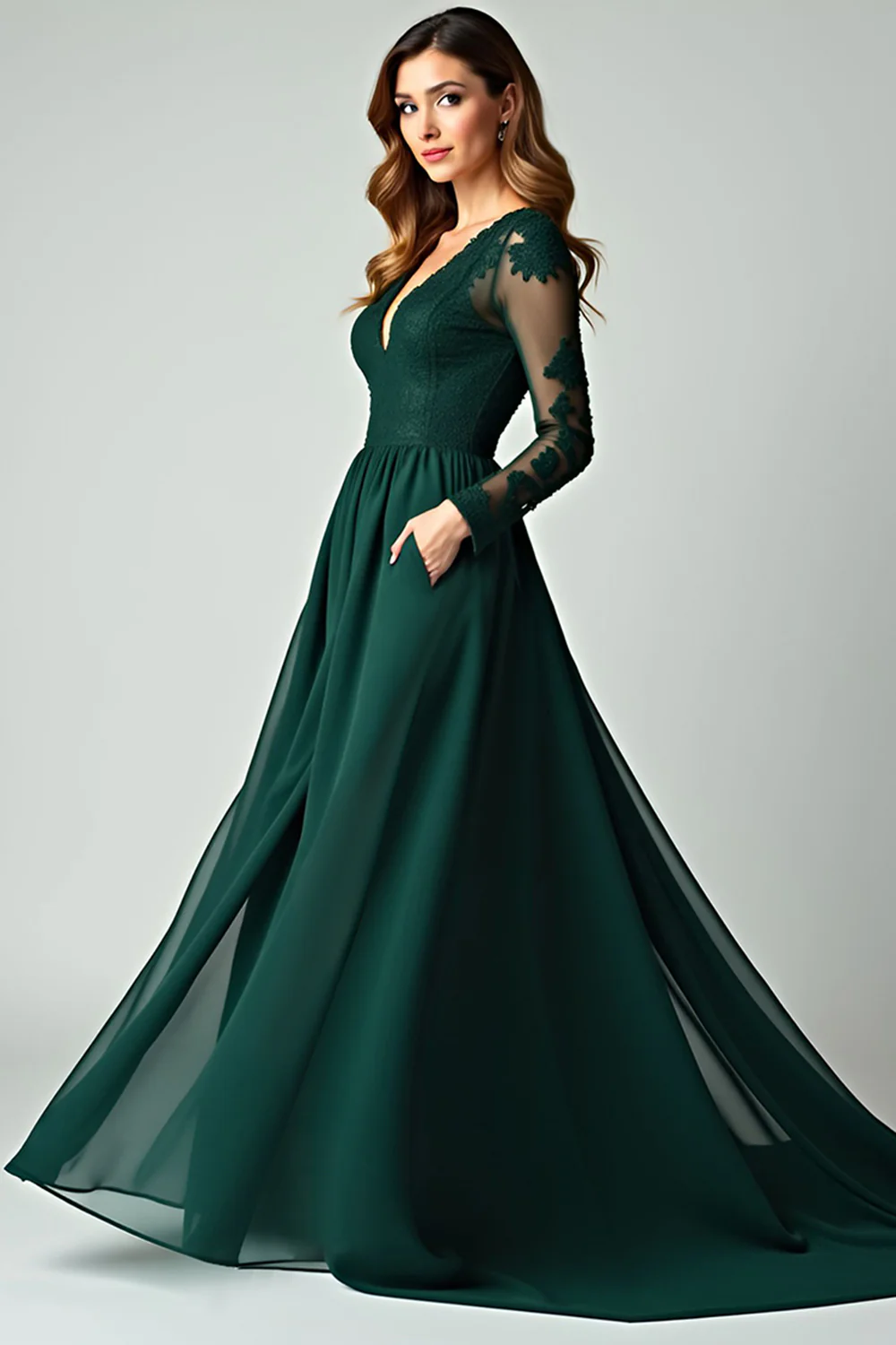 V-Neck Pine Appliqued Prom Dress with Long Sleeves - VNBITS