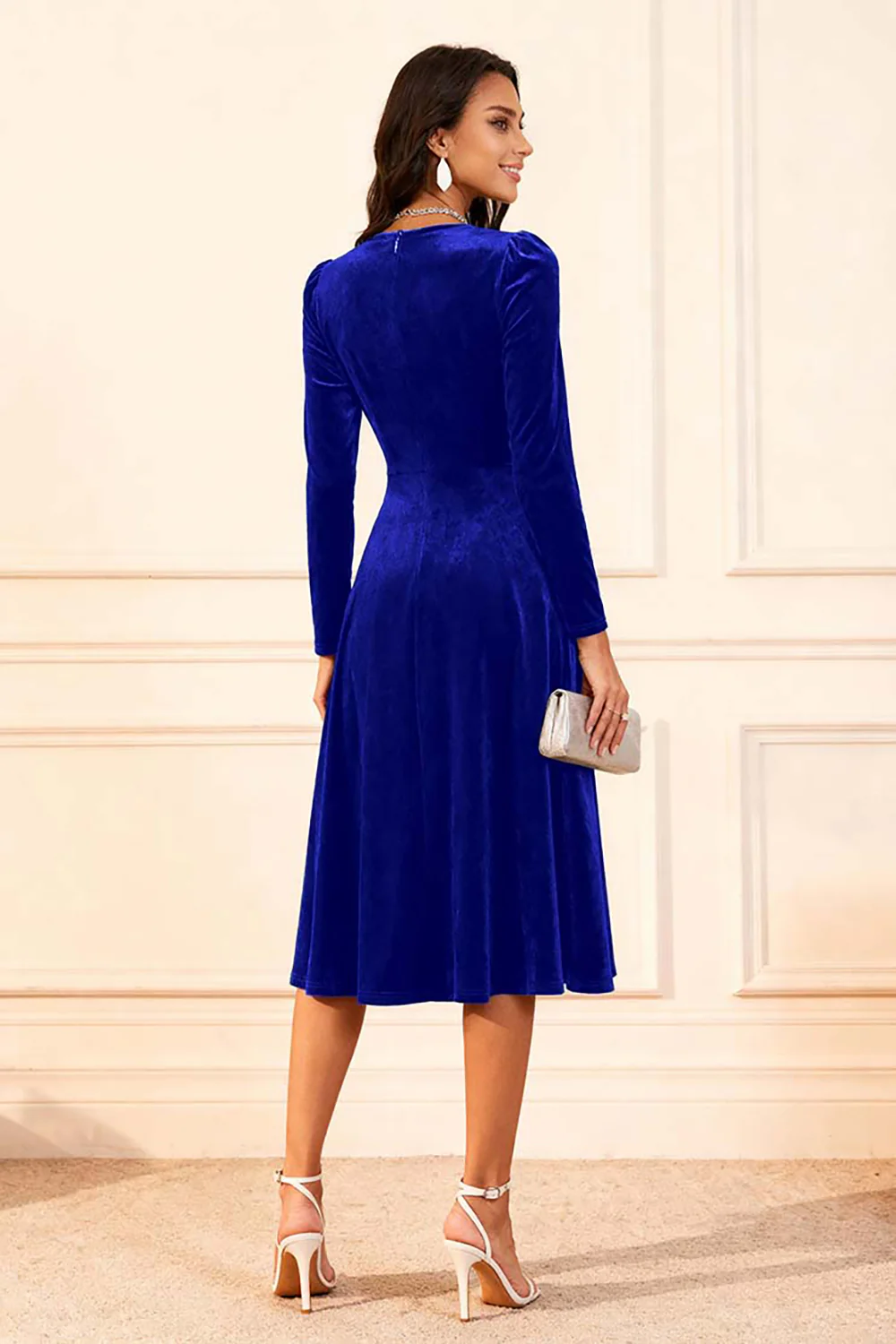 Dark Green A Line Velvet Midi Glitter Holiday Party Dress with Sleeves - VNBITS