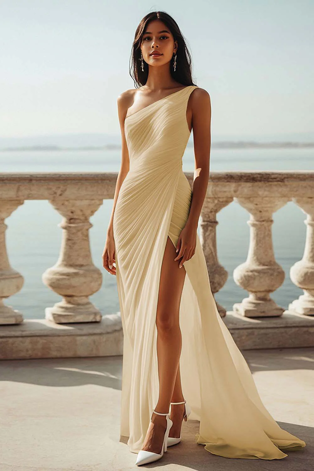 Dusty Blue Chiffon One Shoulder Beach Long Formal Dress with Slit - VNBITS