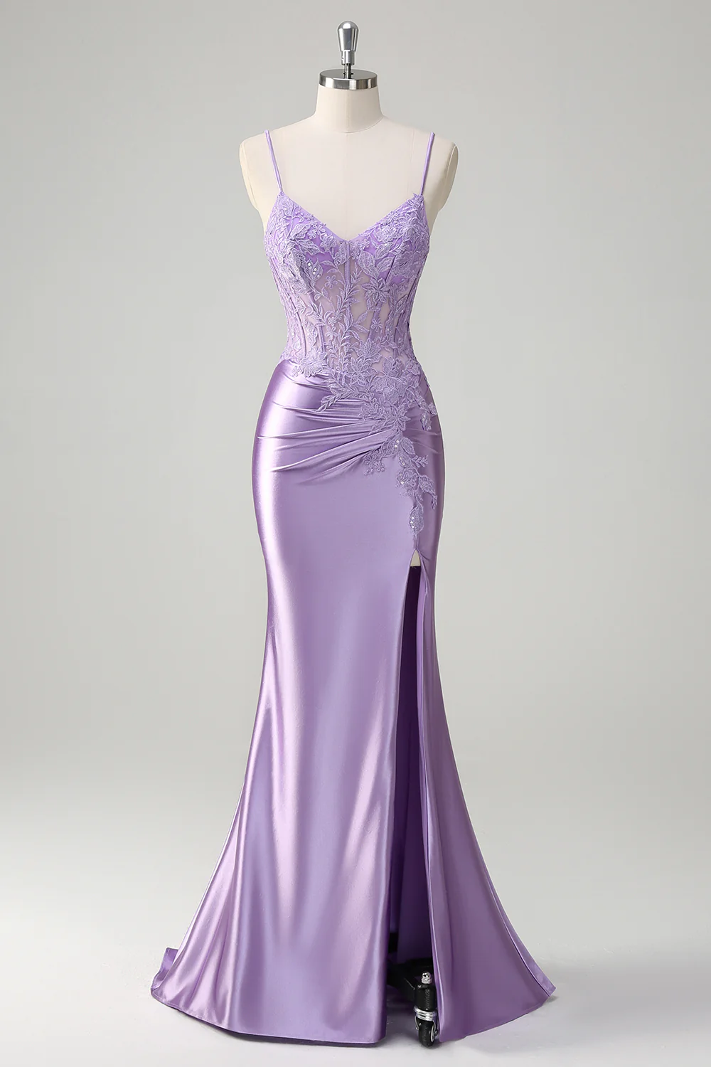 Lilac Floral Mermaid Corset Long Prom Dress with Slit - VNBITS