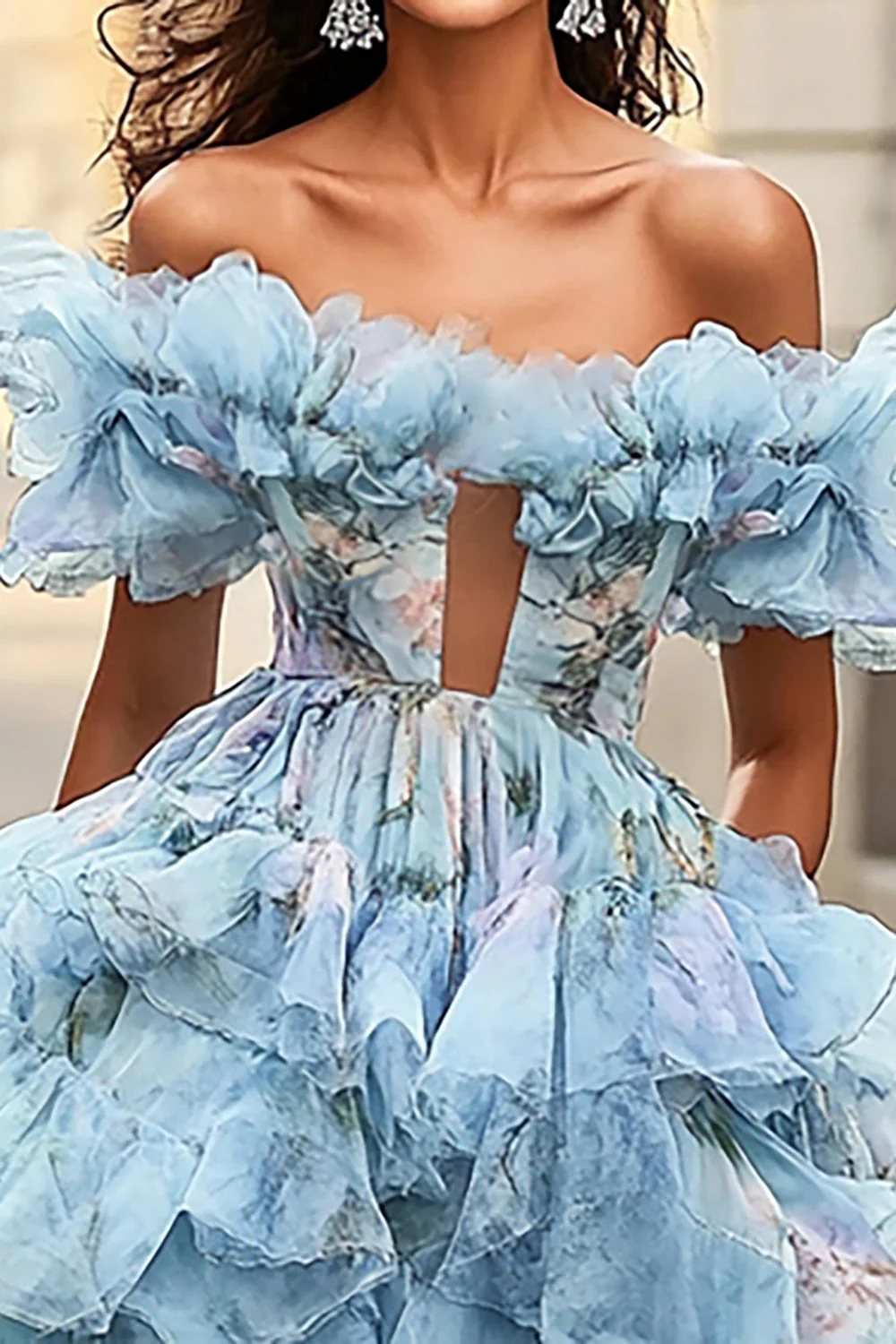 Floral Blue Off the Shoulder A Line Long Prom Dress with Ruffled - VNBITS