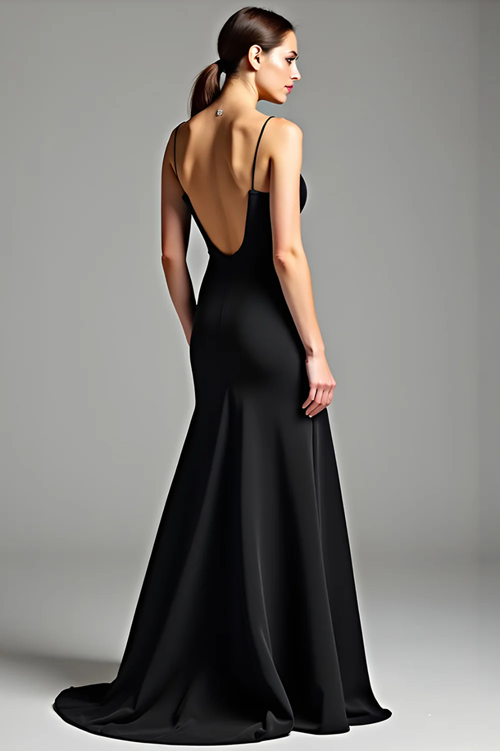 Spaghetti Straps Black Satin Backless Long Black Tie Dress - VNBITS