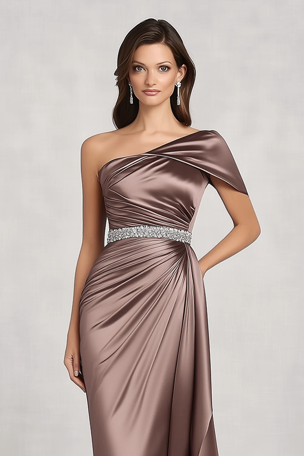 Taupe Satin One Shoulder Mother of Bride Dress - VNBITS