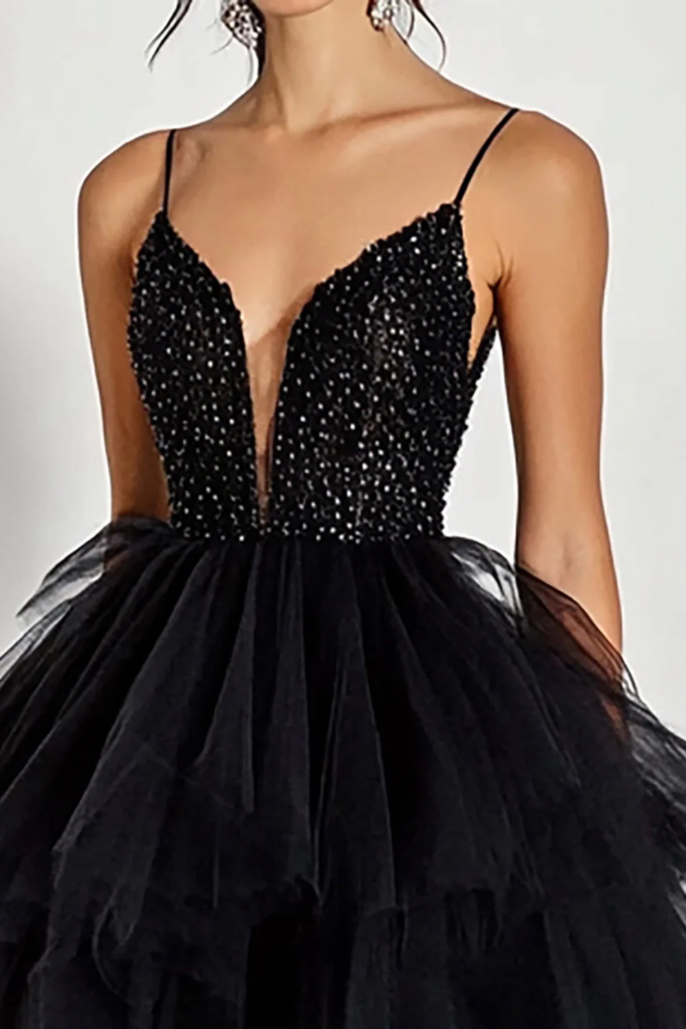 Sparkly Black Tulle Tiered Ball Gown Long Prom Dress with Ruffles - VNBITS