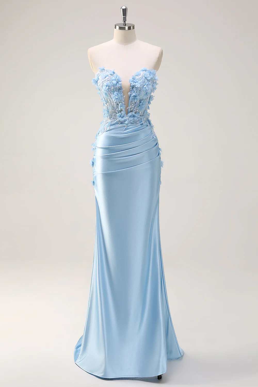 Sky Blue Sheath Floral Sweetheart Long Prom Dress with Slit - VNBITS