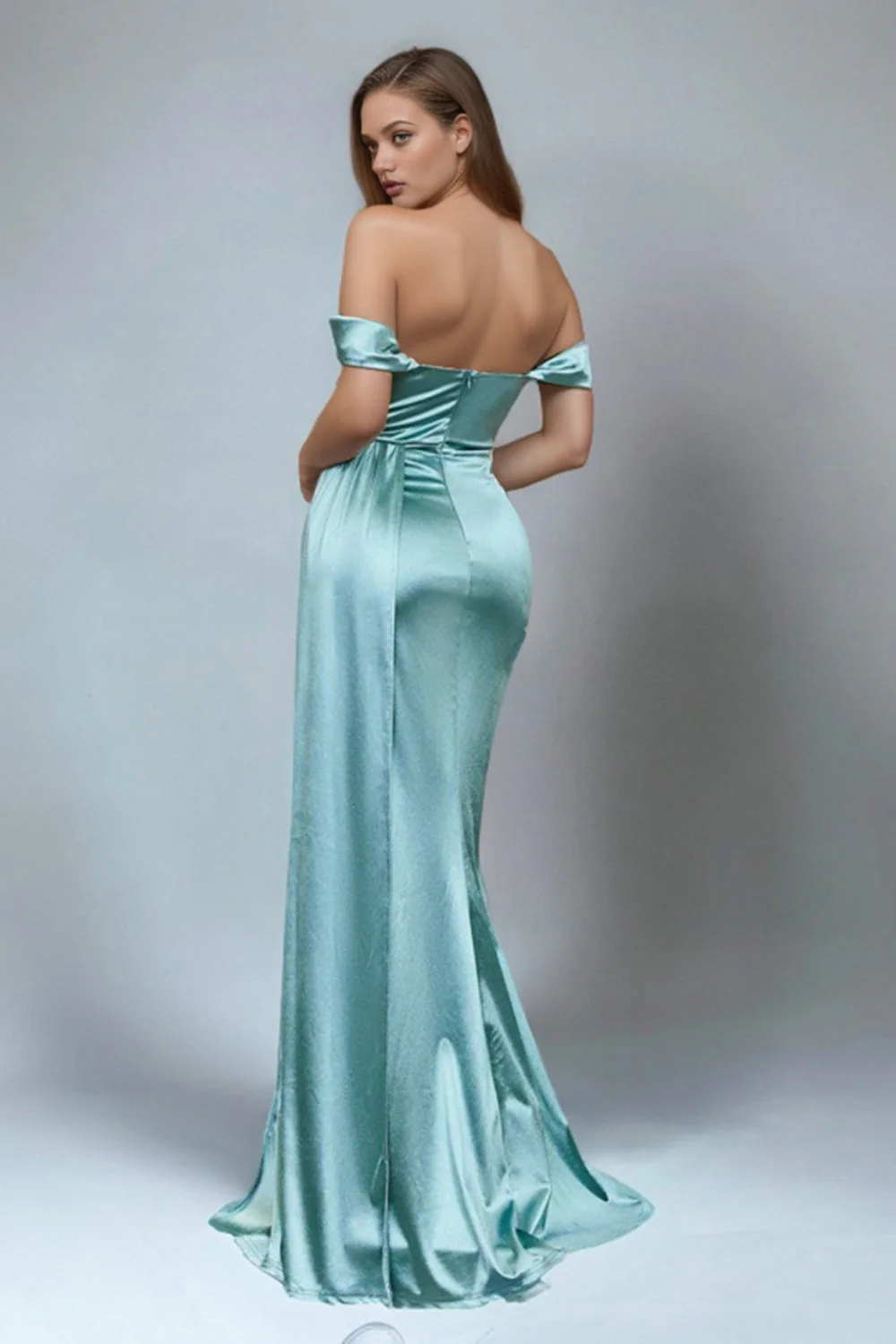 Green Mermaid Off The Shoulder Satin Prom Dress with Slit - VNBITS