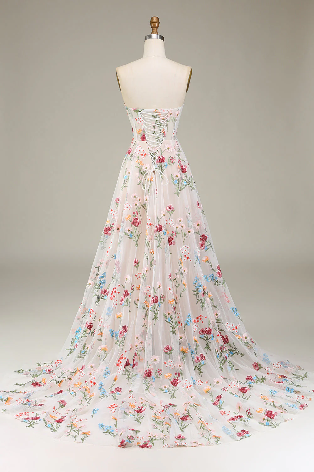 A-Line Sweetheart Long Corset Prom Dress With Flower - VNBITS