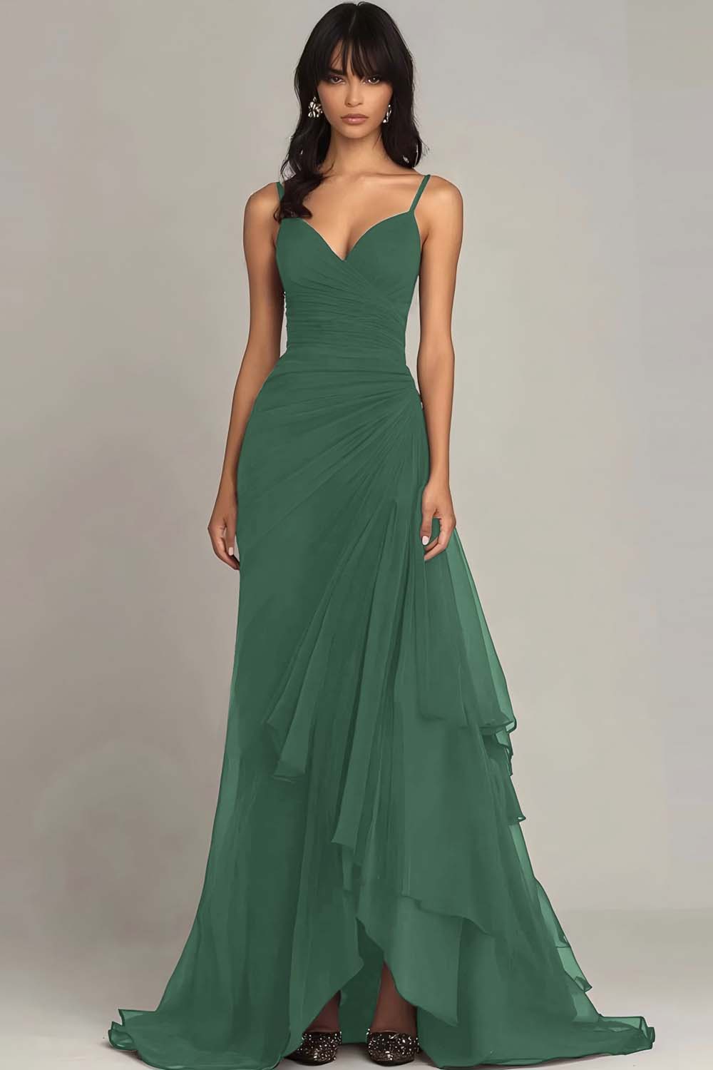 Ink Blue Sweetheart Ruched Chiffon Long Formal Dress with Ruffles - VNBITS