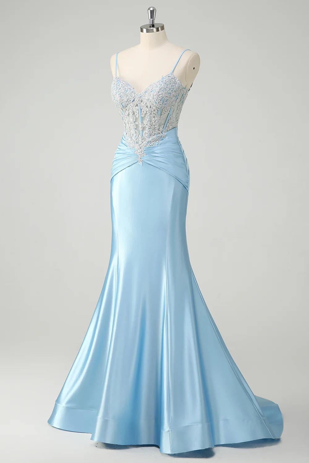 Blue Floral Mermaid Spaghetti Straps Long Prom Dress - VNBITS