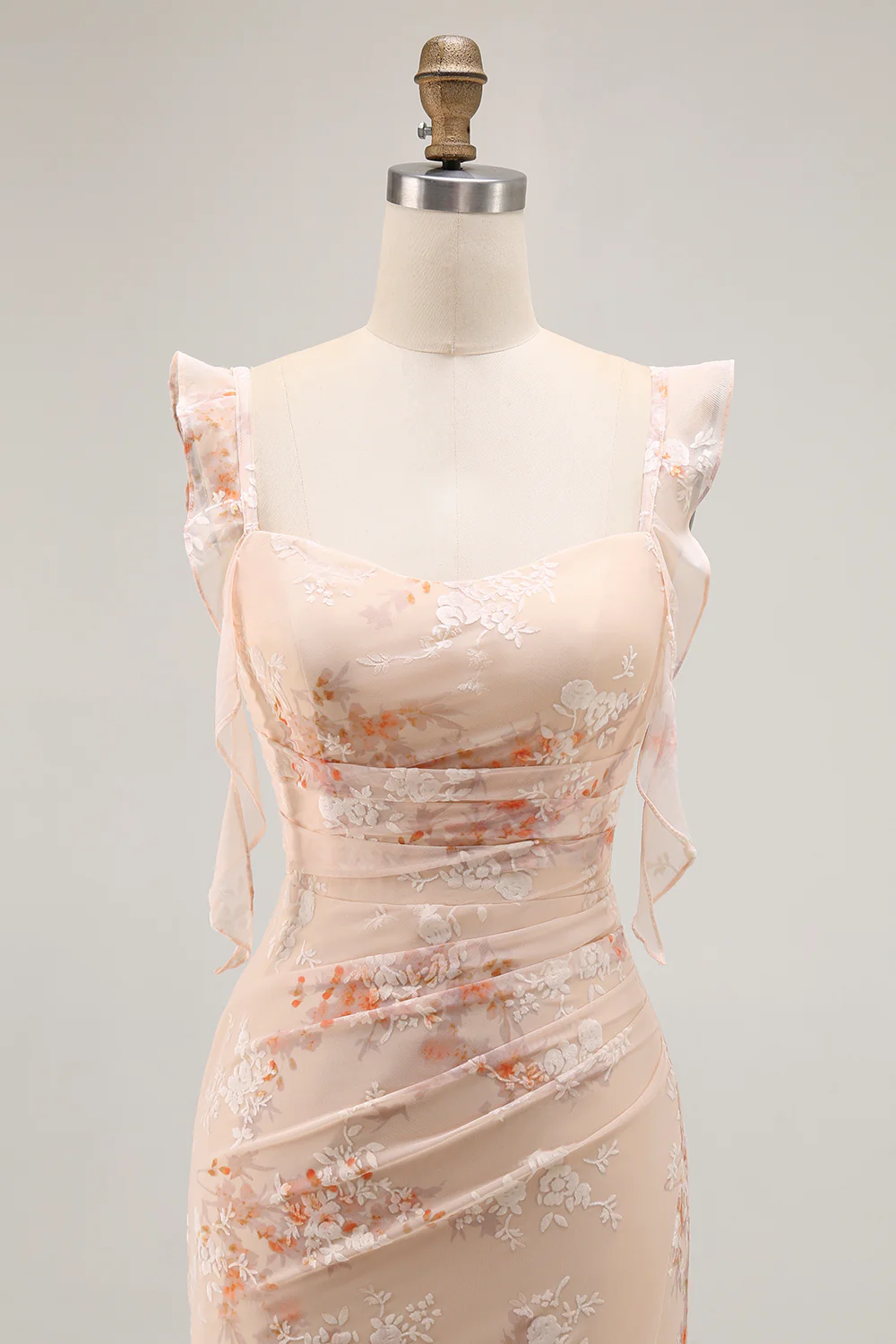Champagne Mermaid Floral Long Bridesmaid Dress with Slit - VNBITS