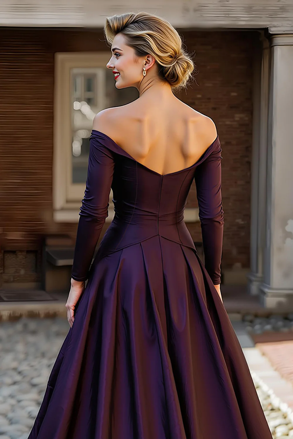 Plum Off the Shoulder A Line Long Mother of the Bride Dress with Sleeves - VNBITS