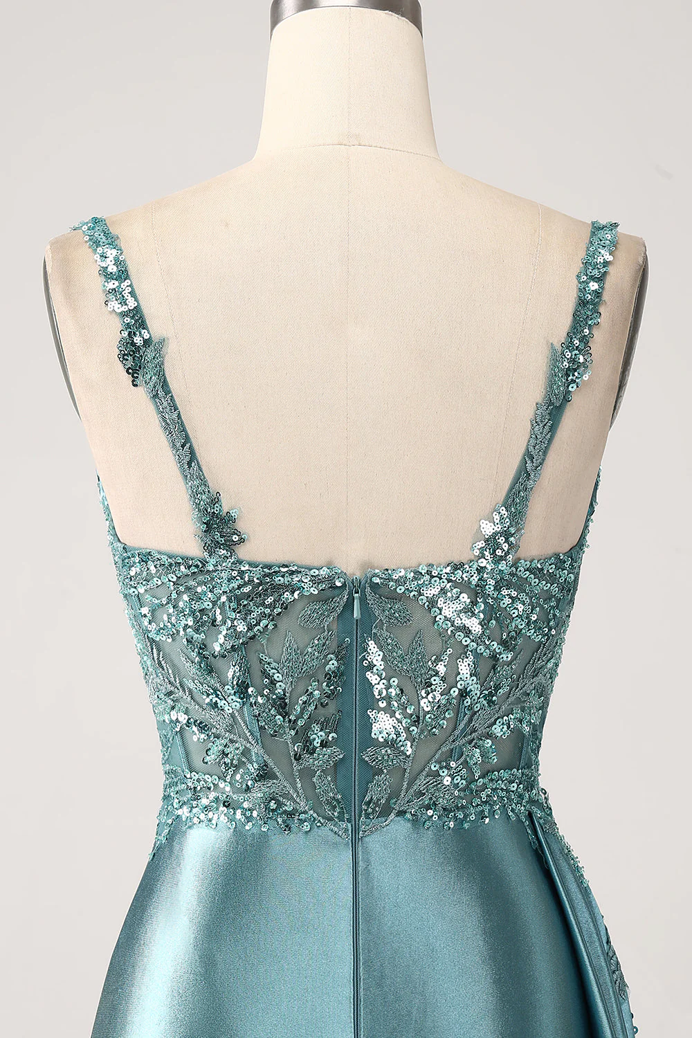 Blue Mermaid V-Neck Satin Long Appliques Sequin Prom Dress With Slit - VNBITS