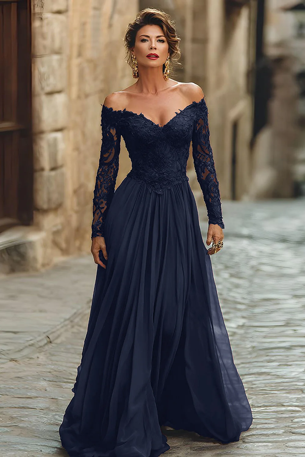 Cabernet Chiffon A Line Long Mother of the Bride Dress with Lace - VNBITS