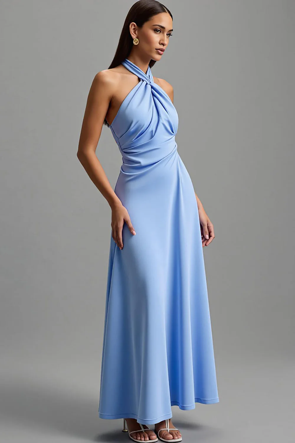 Blue Halter Satin Backless Long Formal Dress - VNBITS