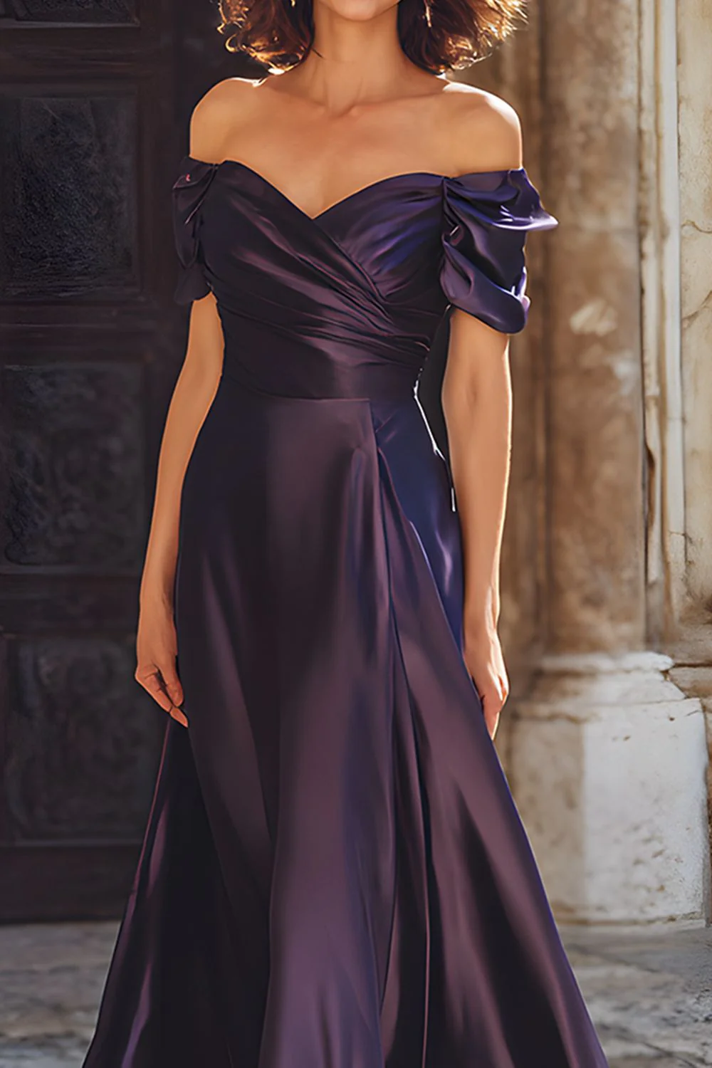 Plum Sheath Off the Shoulder Long Mother of the Bride Dress - VNBITS