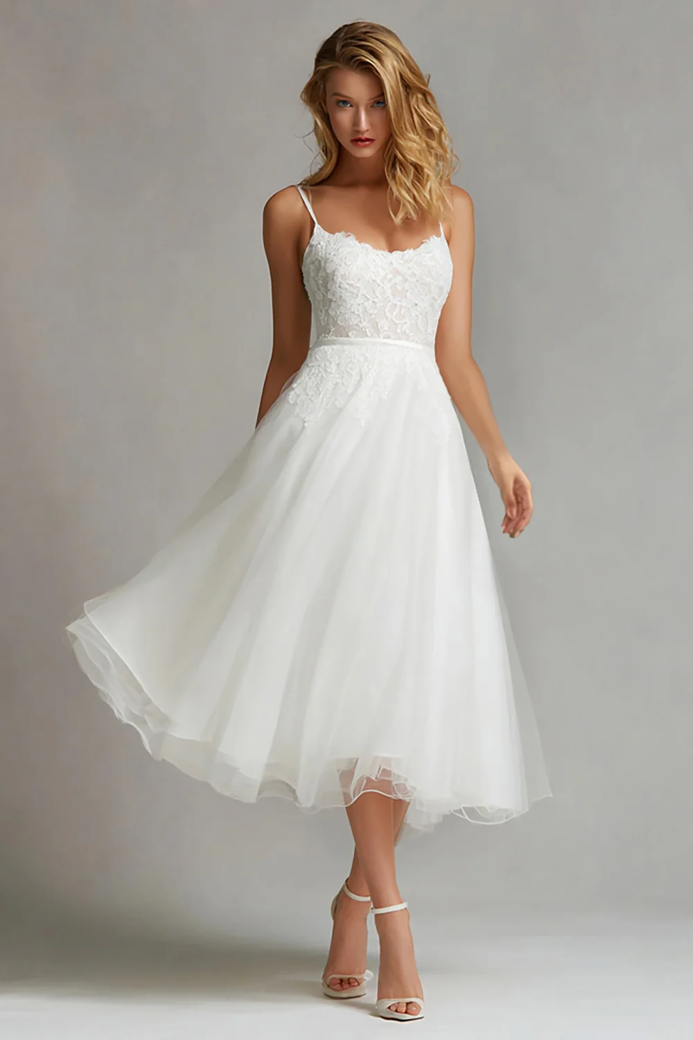 White Spaghetti Straps A Line Midi Engagement Dress with Lace - VNBITS