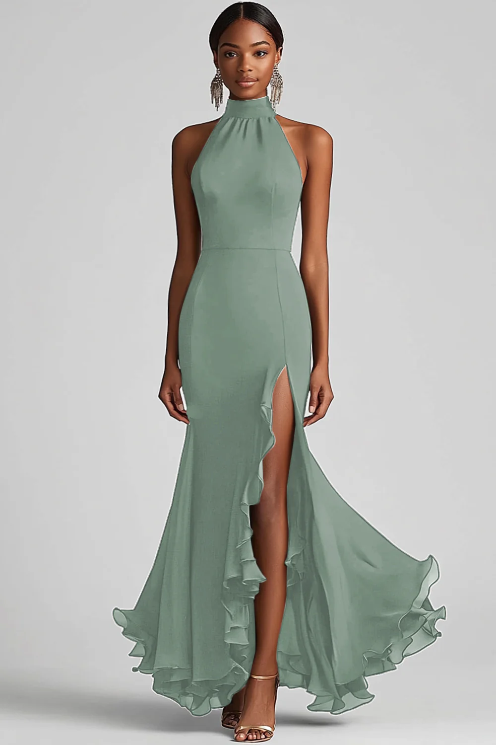 Halter Neck Black Ruffled Mermaid Long Formal Dress with Slit - VNBITS