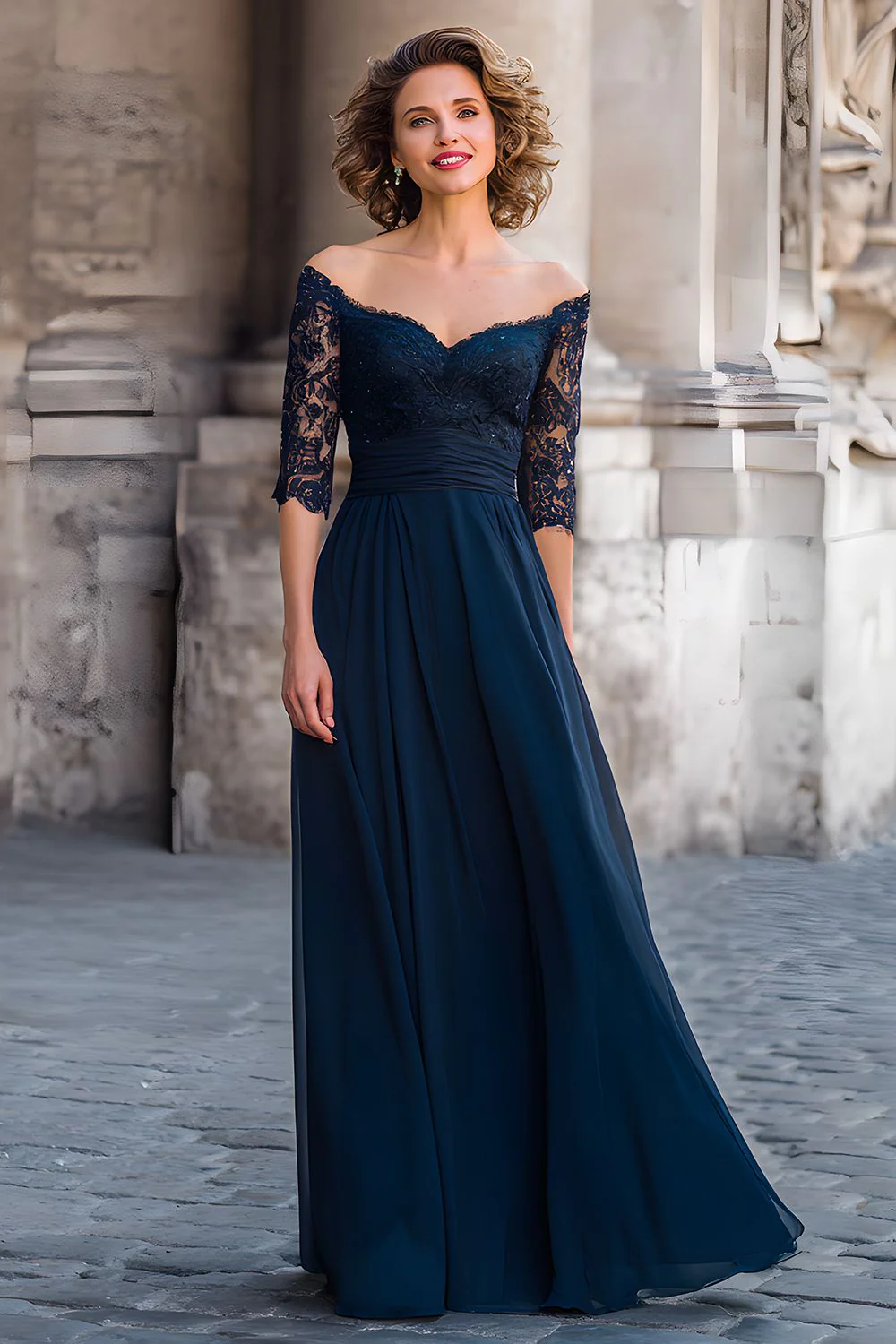 Navy Off the Shoulder Long Mother of the Bride Dress with Lace - VNBITS
