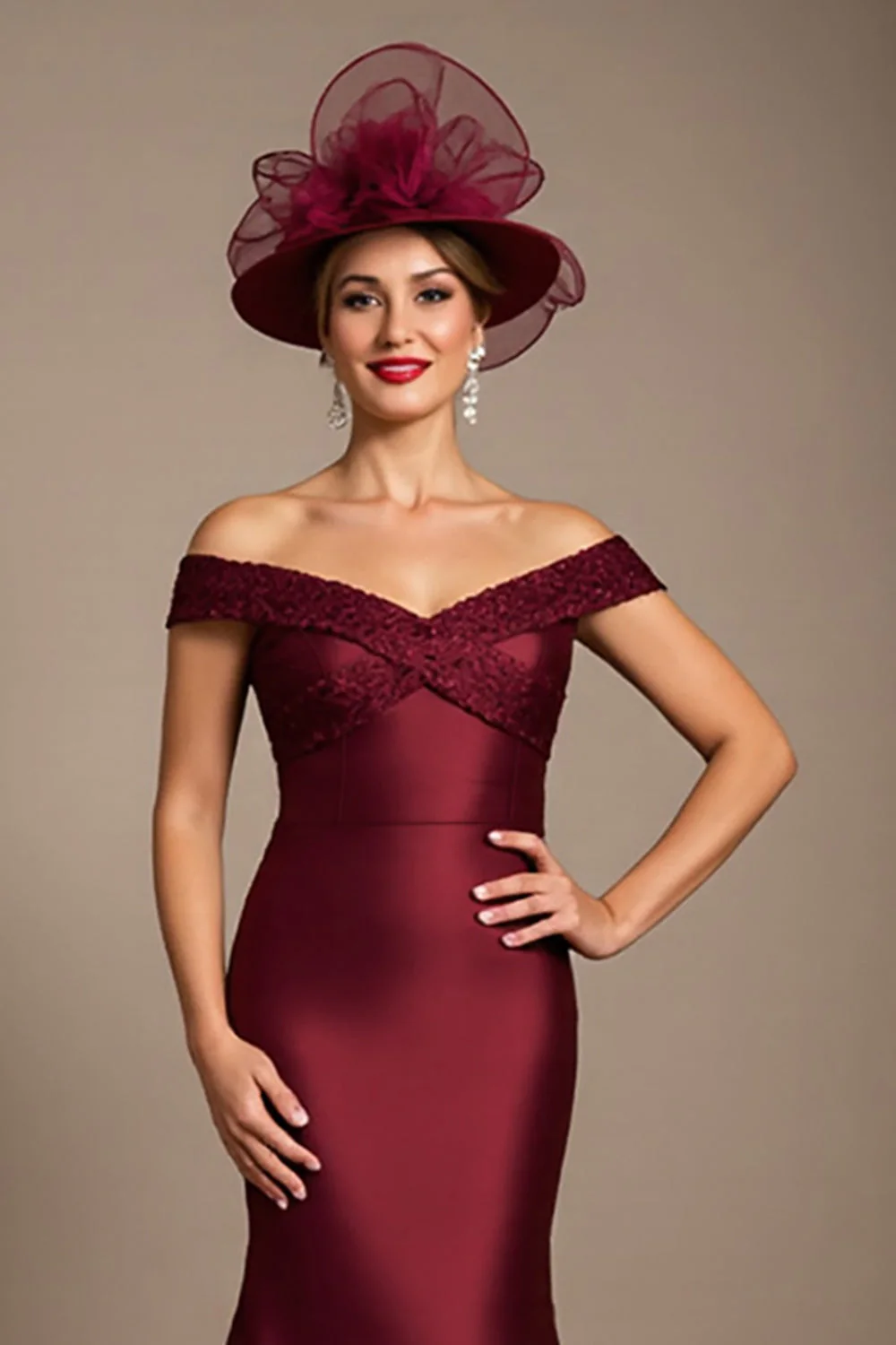 Burgundy Mermaid Long Satin Mother of the Bride Dress with Appliques - VNBITS
