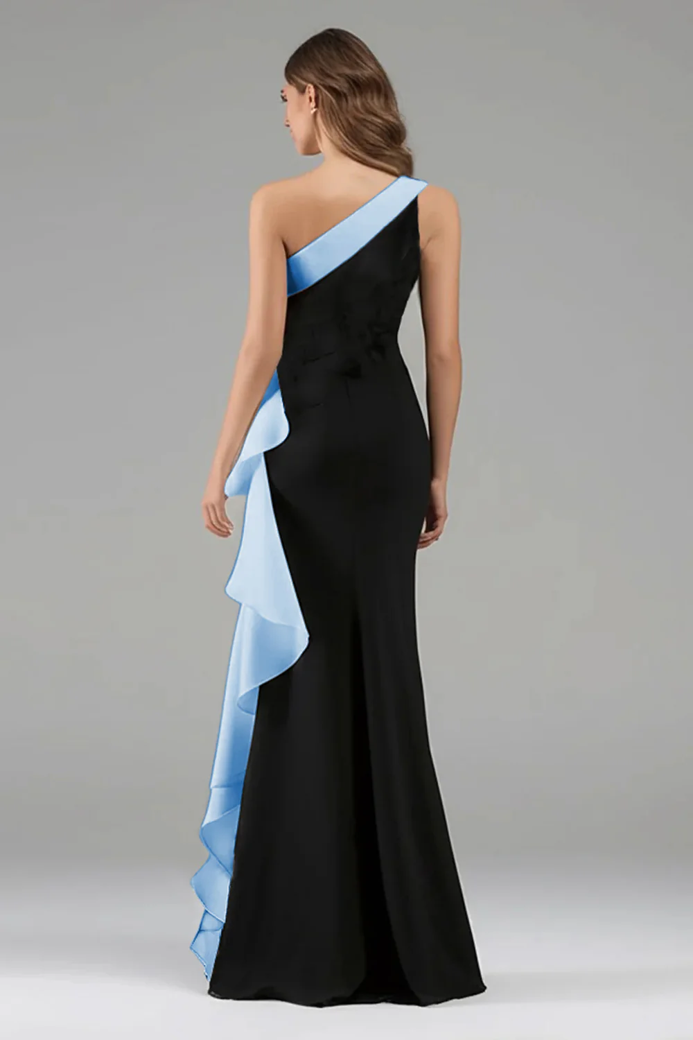 Black and Blue One Shoulder Long Formal Dress with Ruffles - VNBITS