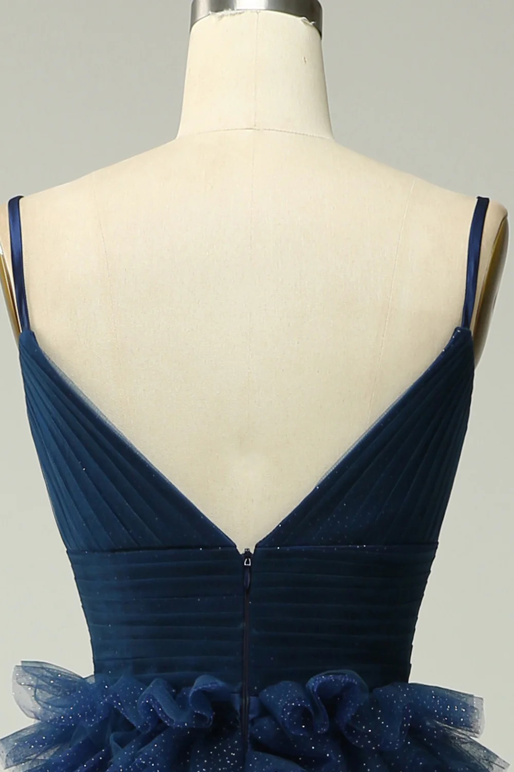 A Line Spaghetti Straps Navy Tiered Prom Dress - VNBITS