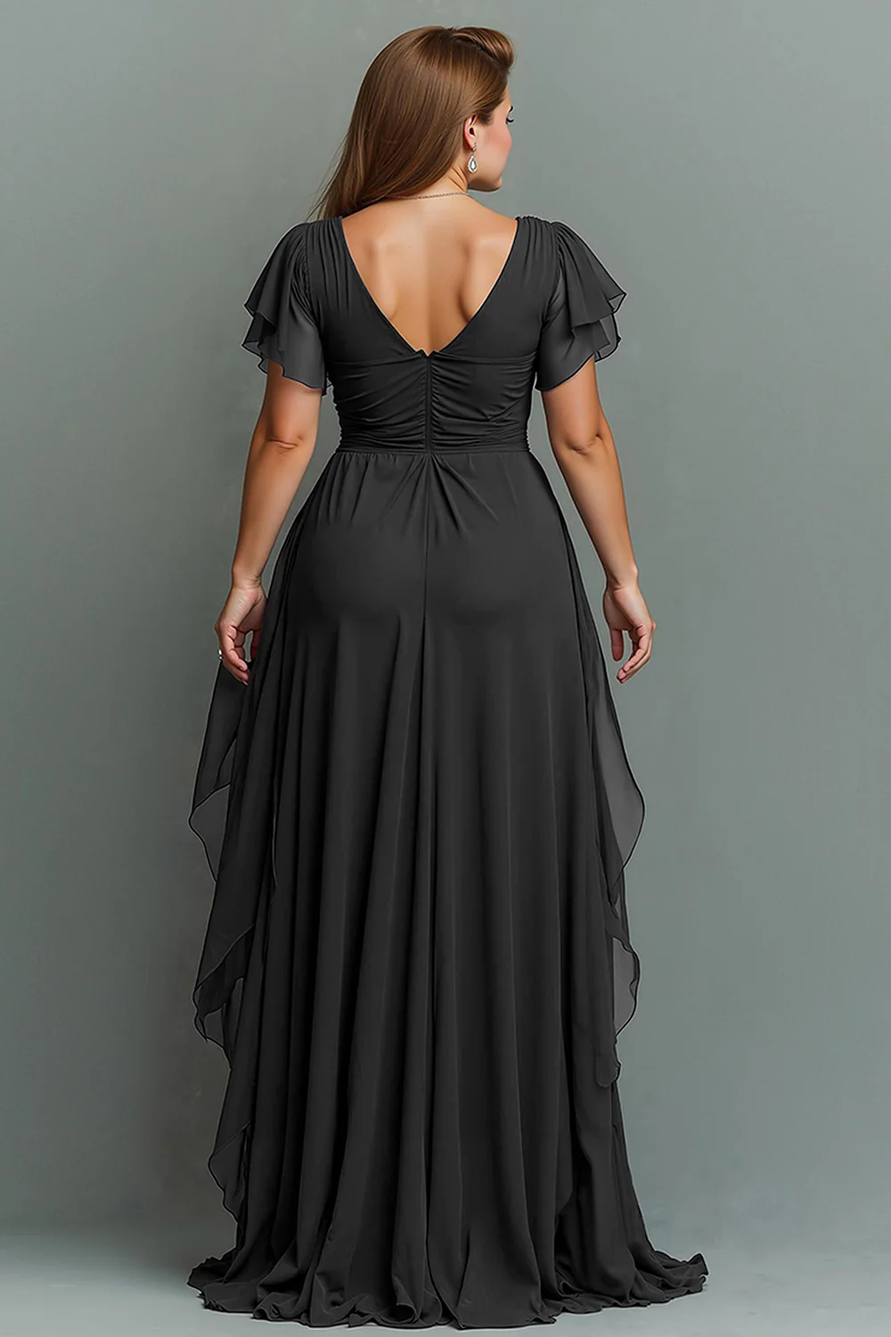 Navy Chiffon V-Neck Ruched Long  with Ruffles - VNBITS