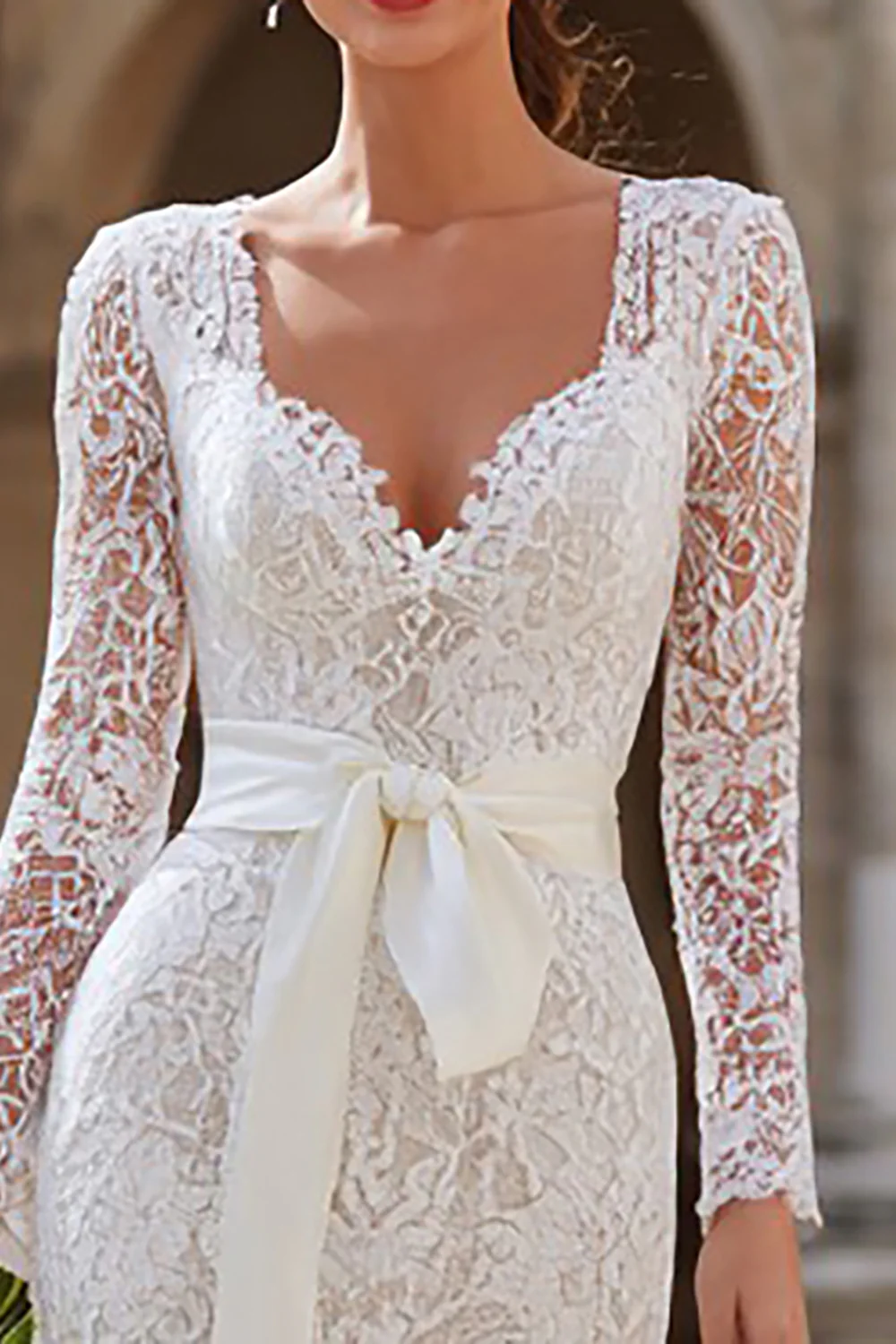 Ivory Bodycon Lace Midi Wedding Dress with Sleeves - VNBITS