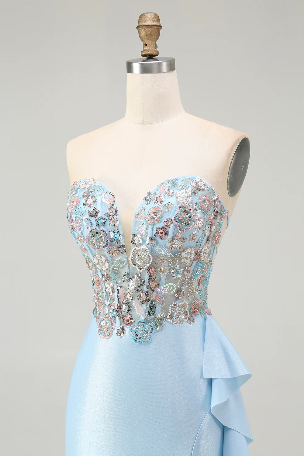 Sparkly Light Blue Mermaid Corset Beaded Long Prom Dress with Slit - VNBITS