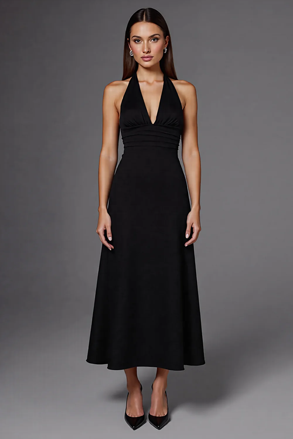 Satin A Line Halter Backless Long Black Tie Dress - VNBITS
