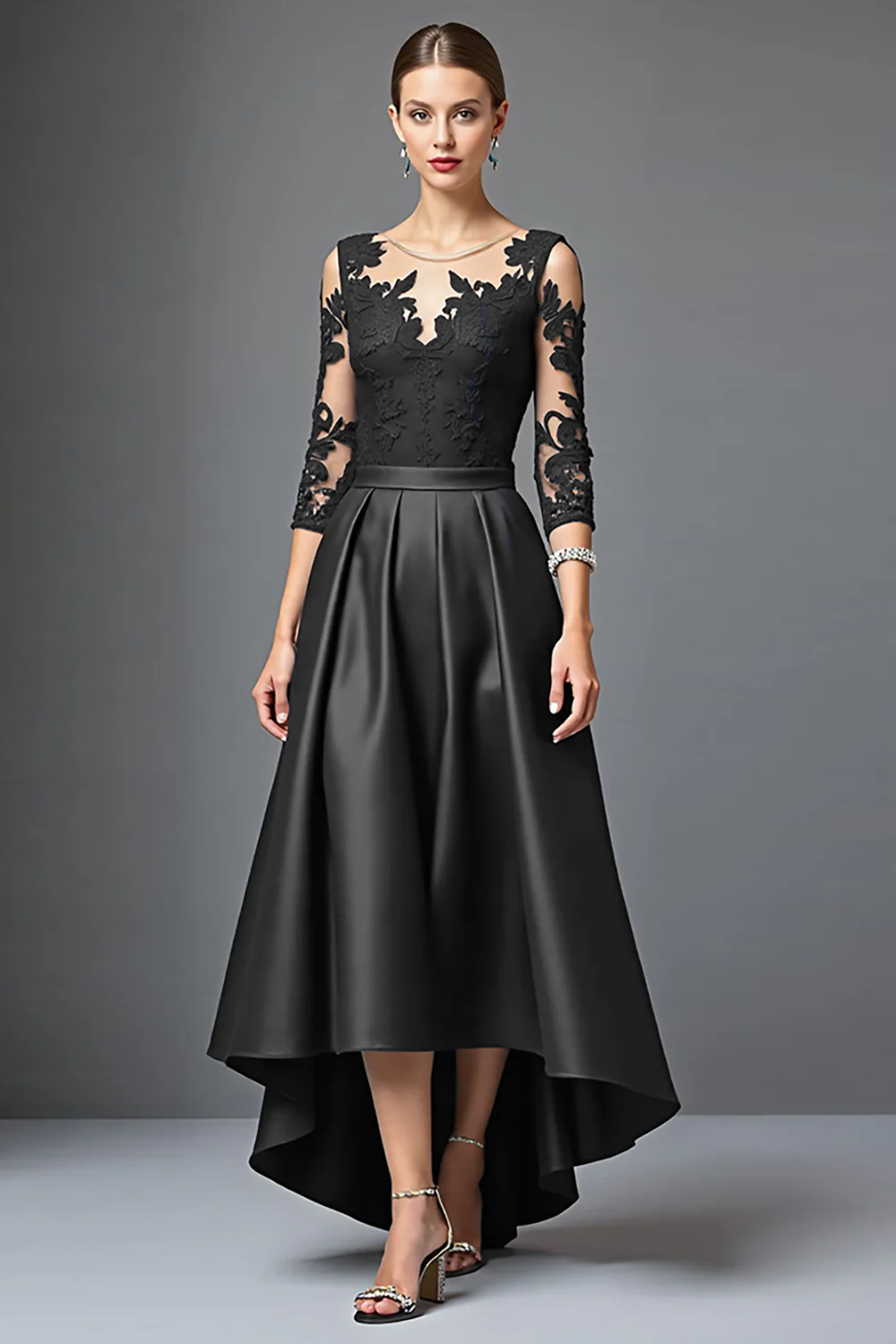 Black Satin A Line Long Mother of the Bride Dress with Lace - VNBITS