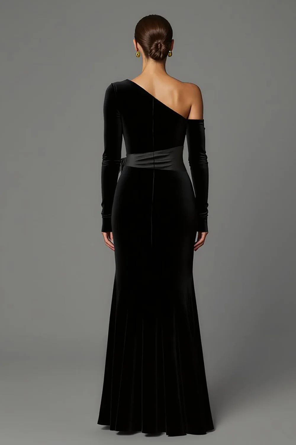 Black One Shoulder Long Sleeves Velvet Holiday Party Dress with Bow - VNBITS