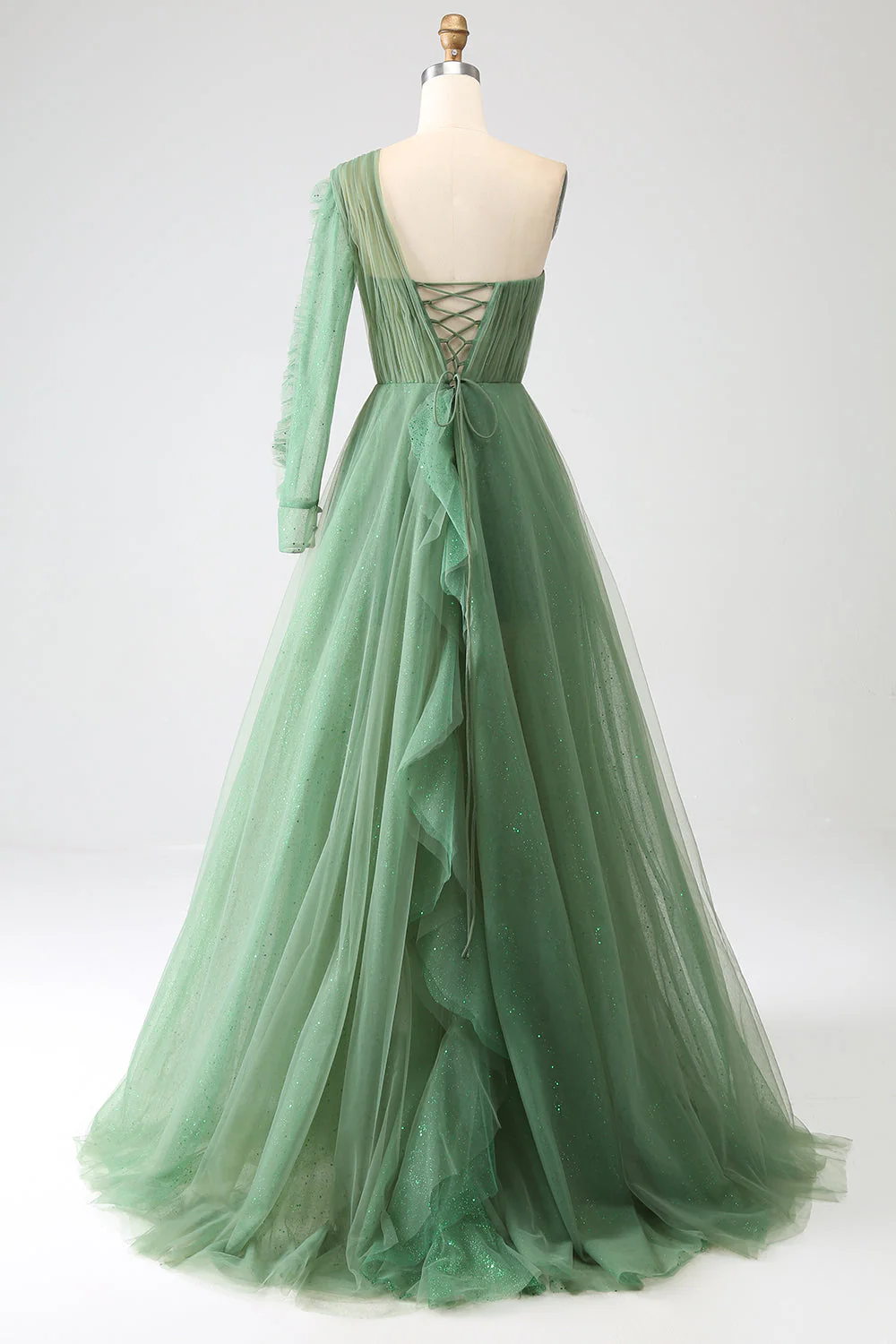 Dark Green A-Line One-Shoulder Long Prom Dresses With Long Sleeves - VNBITS