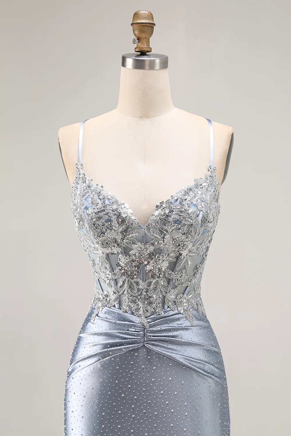 Sparkly Grey Blue Corset Mermaid Beaded Long Prom Dress with Appliques - VNBITS