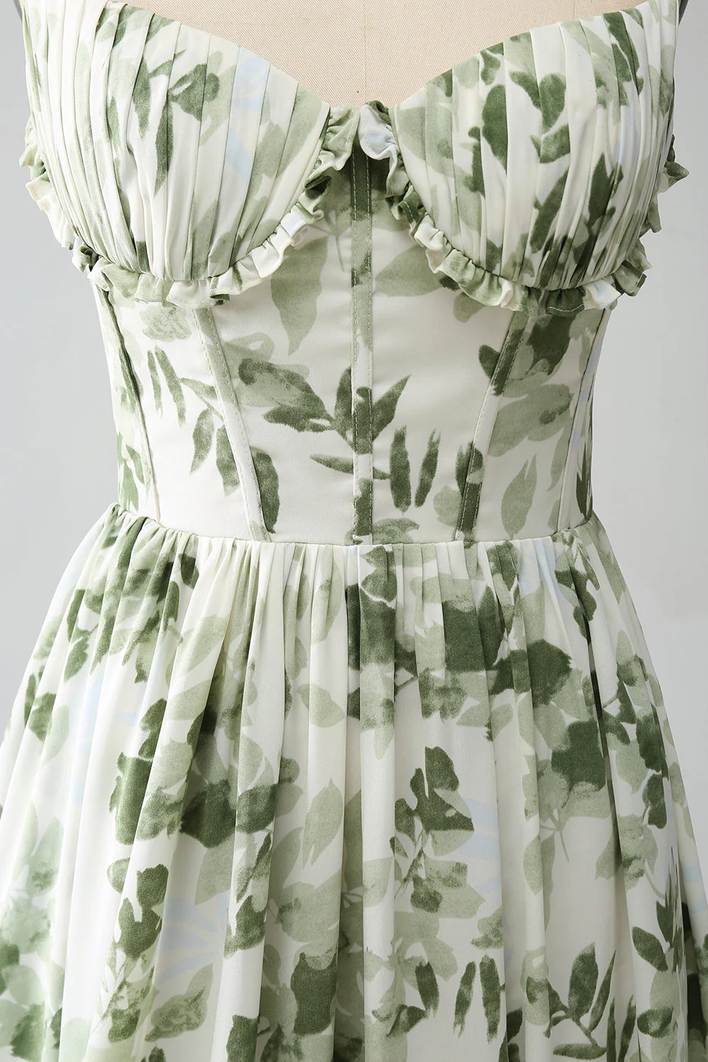Green A-Line Spaghetti Straps Printed Pleated Long Prom Dress With Slit - VNBITS